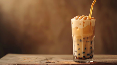 A refreshing glass of iced bubble milk tea topped with creamy foam, served with a wide straw for slurping up tapioca pearls.の素材