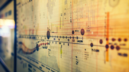 A timeline graph tracking historical financial data, with markers indicating significant events and milestones.の素材
