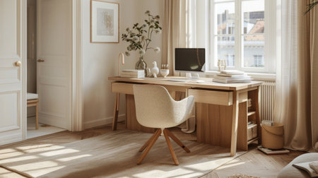 A stylish Scandinavian desk setup with natural wood accents and neutral tones, promoting focus and calm.の素材