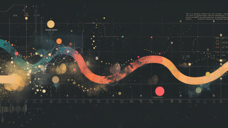A timeline graph tracking historical financial data, with markers indicating significant events and milestones.の素材