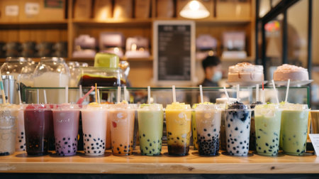 A variety of bubble milk tea flavors displayed on a cafe counter, including classic, taro, and matcha options.の素材