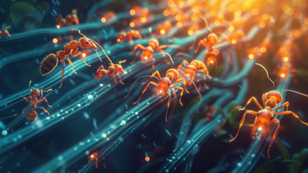 Ants navigating through a maze of glowing fiber optic cables, their journey illuminated by artificial light sources.の素材