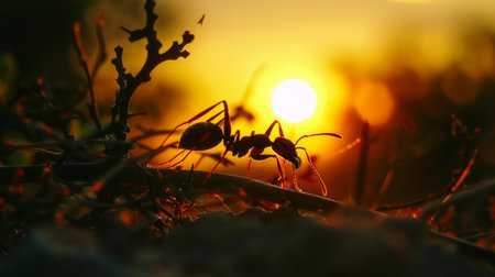 Silhouette of ants against a radiant sunset sky, their tiny forms outlined by the warm, golden hues of twilight.の素材
