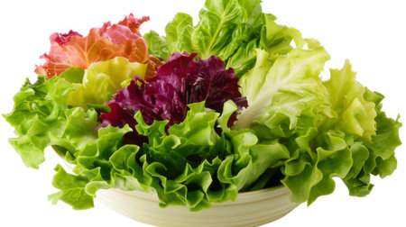 Crisp and crunchy iceberg lettuce leaves arranged in a salad bowl with colorful vegetables.の素材