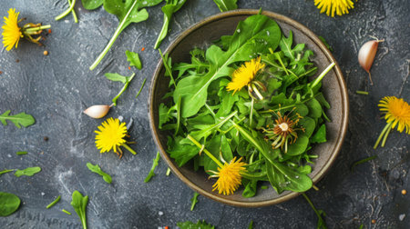 Fresh dandelion greens arranged in a bowl, waiting to be with garlic and olive oil.の素材