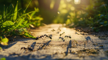 Ants marching along a sunlit path in a garden, their shadows stretching out behind them in the afternoon light.の素材