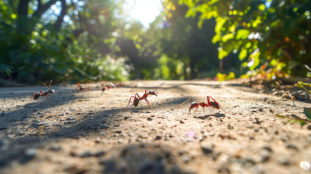 Ants marching along a sunlit path in a garden, their shadows stretching out behind them in the afternoon light.の素材