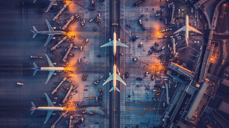 Aerial view of a busy airport with airplanes lined up at gates and taxiing on runways.の素材