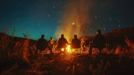 The shadow of a group of friends sitting around a campfire, roasting marshmallows under the stars.の素材