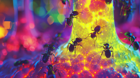 Close-up of ants crawling on a glowing lava lamp, their tiny forms silhouetted against the vibrant, swirling colors.の素材