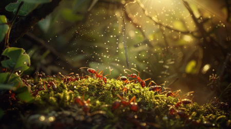 Ants navigating through a forest floor illuminated by dappled sunlight, exploring their luminous surroundings.の素材