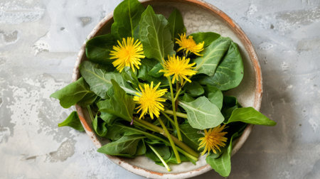 Fresh dandelion greens arranged in a bowl, waiting to be with garlic and olive oil.の素材