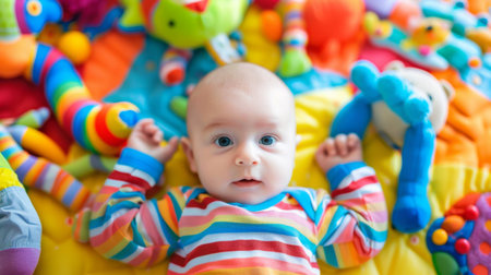 A baby lying on a soft play mat surrounded by colorful toys, reaching out to grab a plush toy.の素材