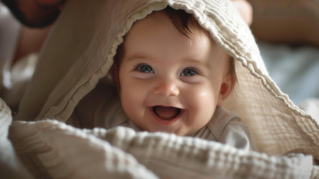 A baby playing peek-a-boo with a parent, hiding behind a blanket and bursting into laughter.の素材
