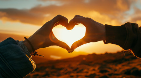 A couple forming a heart shape with their hands against a sunset backdrop, symbolizing love and connection.の素材