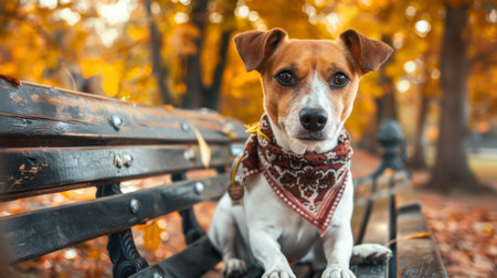 A dog with a bandana around its neck, sitting on a park bench with a beautiful autumn backdrop.の素材