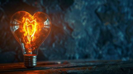 A glowing heart-shaped light bulb against a dark background, symbolizing love and inspiration.の素材