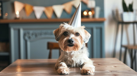A cute dog sitting at a table with a tiny party hat on its head, celebrating a special occasion.の素材
