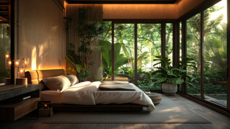 A peaceful bedroom with a large bed, soft lighting, and a window view of a serene garden, perfect for relaxation.の素材
