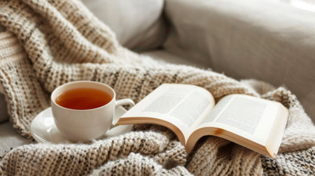 A person reading a book on a comfy sofa, with a cup of tea and a soft blanket for a relaxing atmosphere.の素材