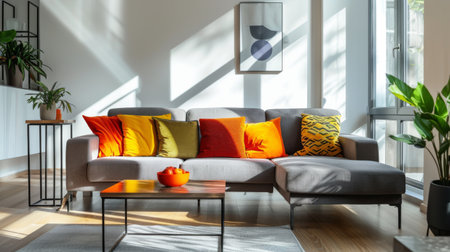 A modern living room with a sleek, grey sofa, colorful throw pillows, and a coffee table, bathed in natural light.の素材