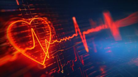 A heartbeat line forming a heart shape on a medical monitor, symbolizing life and health.の素材