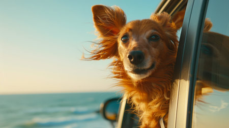 A dog enjoying a car ride with its head out the window, ears flapping in the wind and a joyful expression.の素材