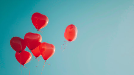 Red heart-shaped balloons floating in a clear blue sky, representing joy and celebration.の素材