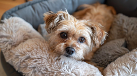 A small dog resting in a soft, plush bed, looking up with big, adorable eyes.の素材