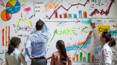 A business team brainstorming on a whiteboard filled with growth charts, strategy arrows, and market share graphs.の素材