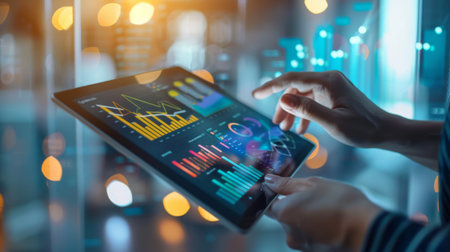 A digital marketing specialist analyzing website traffic analytics on a tablet, with colorful line graphs and engagement metrics displayed.の素材