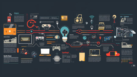 A creative infographic timeline illustrating the evolution of technology over the decades with icons and timelines.の素材