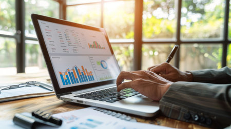 A corporate executive studying quarterly financial results with profit margin graphs and expense breakdowns on a laptop.の素材