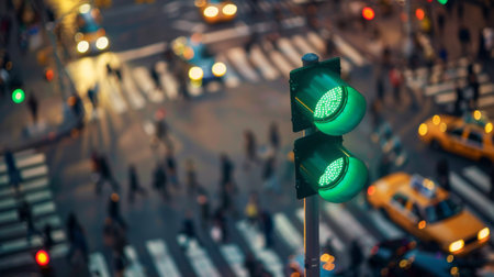 A green traffic light illuminating a busy city street as pedestrians cross the crosswalk.の素材