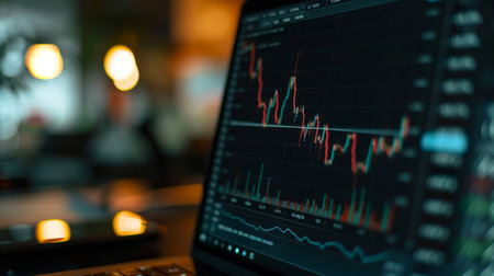 A close-up of a laptop screen displaying a stock market graph with fluctuating prices and trading volumes.の素材