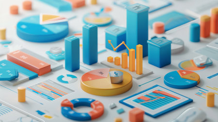 A finance infographic explaining investment strategies with pie charts, bar graphs, and financial icons.の素材
