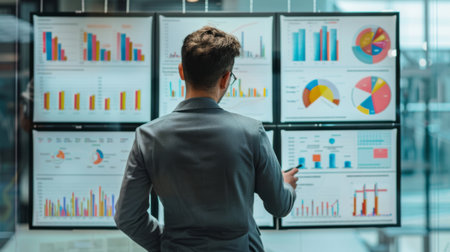 A corporate strategist presenting competitive analysis with industry benchmark graphs and market position visuals.の素材