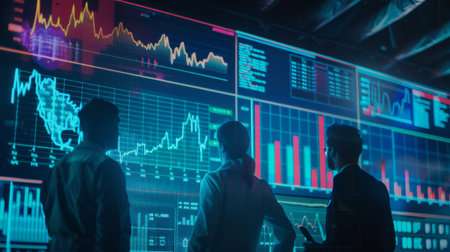 A group of economists analyzing economic indicators and GDP growth projections on a digital screen with bar graphsの素材