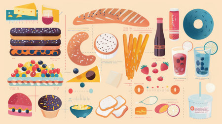 A health infographic comparing calorie counts of different foods with tall bars and nutritional information.の素材