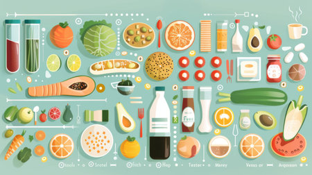 A food and beverage infographic detailing dietary guidelines, nutritional facts, and healthy eating tipsの素材