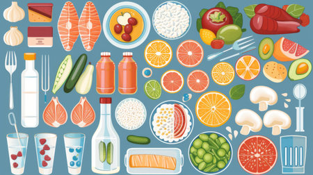 A food and beverage infographic detailing dietary guidelines, nutritional facts, and healthy eating tipsの素材