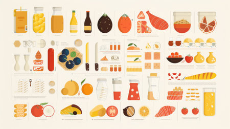 A food and beverage infographic detailing dietary guidelines, nutritional facts, and healthy eating tipsの素材