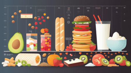 A health infographic comparing calorie counts of different foods with tall bars and nutritional information.の素材