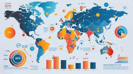 A healthcare infographic showcasing COVID-19 vaccination rates worldwide with maps, charts, and percentages.の素材