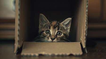 A kitten poking its head out from a small cardboard box, with its ears perked up in curiosity.の素材