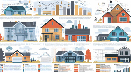 A real estate market infographic displaying property trends, housing prices, and mortgage rates with area maps and graphsの素材