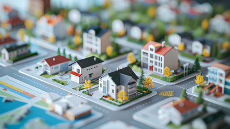 A real estate market infographic displaying property trends, housing prices, and mortgage rates with area maps and graphsの素材