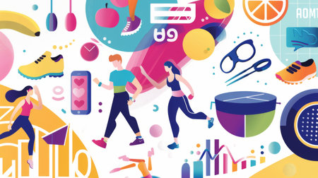 A lifestyle infographic showing fitness trends, nutrition tips, and wellness statistics with colorful icons and illustrations.の素材
