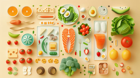 A nutrition infographic depicting healthy food choices with calorie counts, nutrient information, and portion sizes.の素材