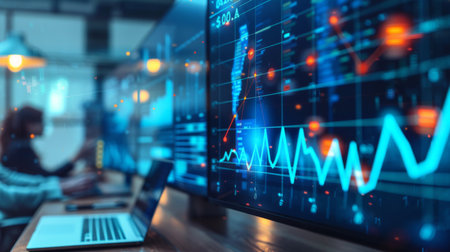 A marketing team evaluating campaign success on a boardroom screen, with line graphs and ROI charts illustrating marketing effectivenessの素材